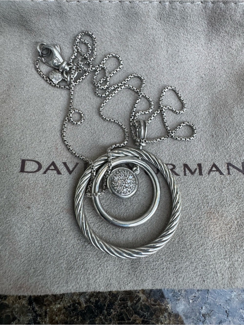 David Yurman Sterling Silver Triple Circle Pendant Necklace with Pave Accent